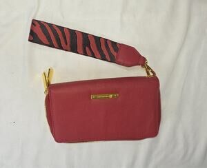Mangano Red Leather Zip Around Wristlet Wallet Zebra Strap Gold Hardware